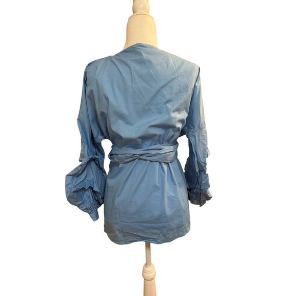 NWT Aomei Blue Wrap Blouse Puff Sleeves & Waist Tie 2XL - Picture 2 of 6